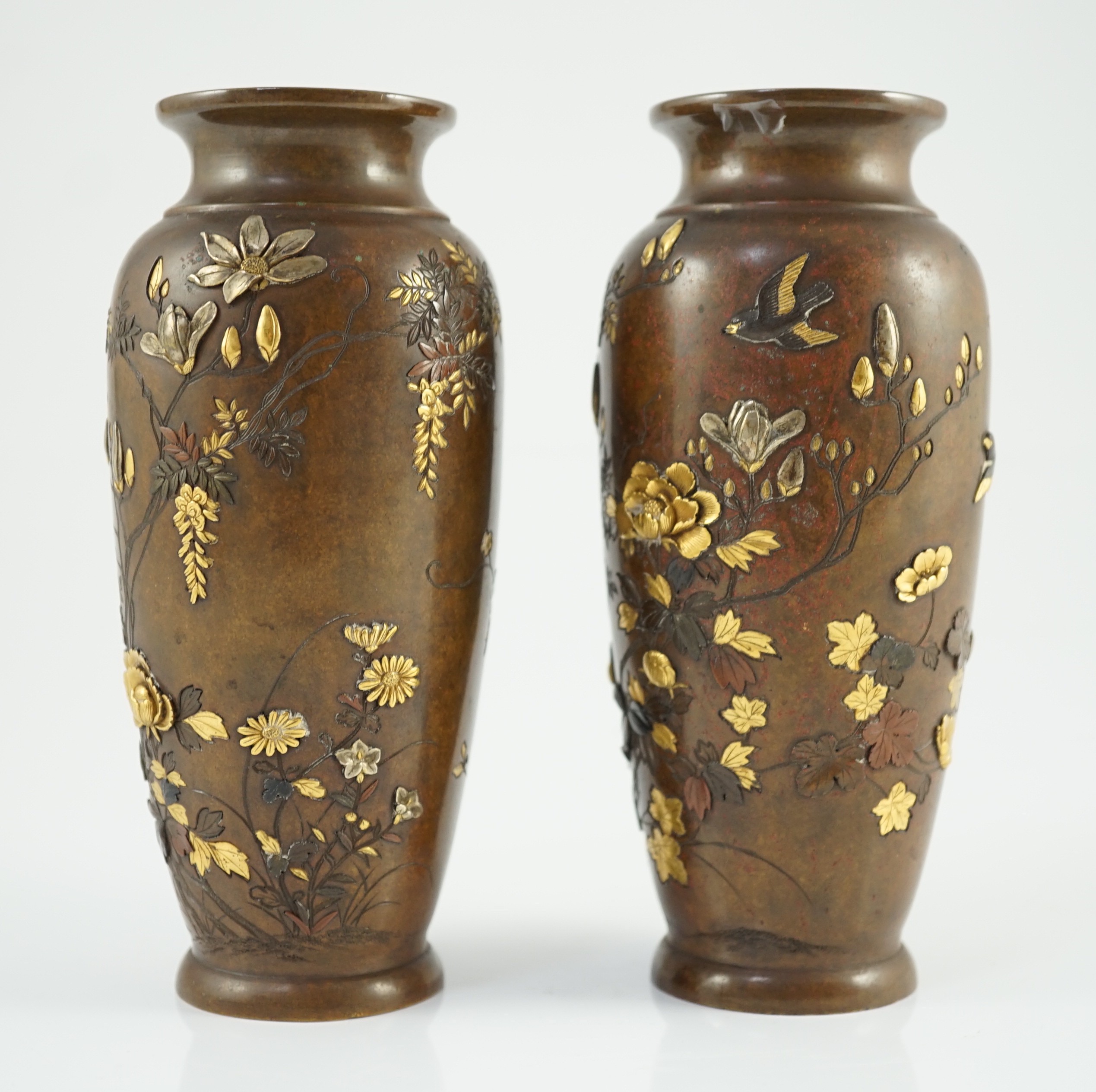 A pair of Japanese mixed metal bronze vases, by Nogawa workshop, Meiji period, 15cm high